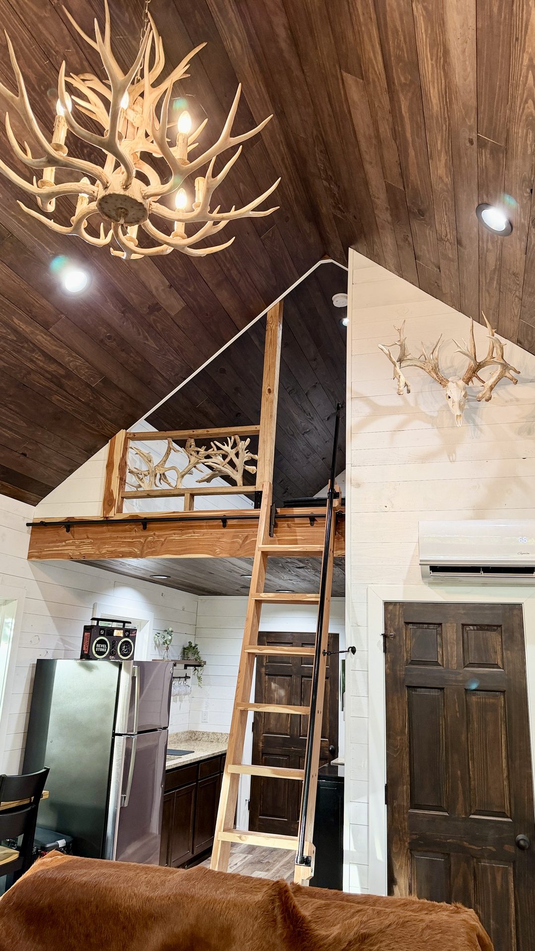 Antler chandelier and loft ladder